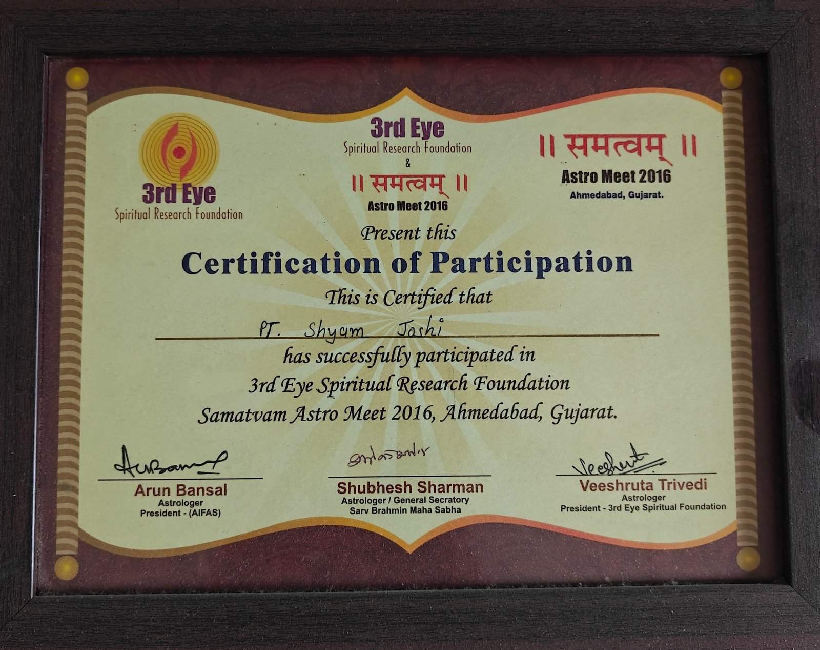 Certification of Participation, 3rd Eye Spiritual Research Foundation, Samatvam Astro Meet 2016