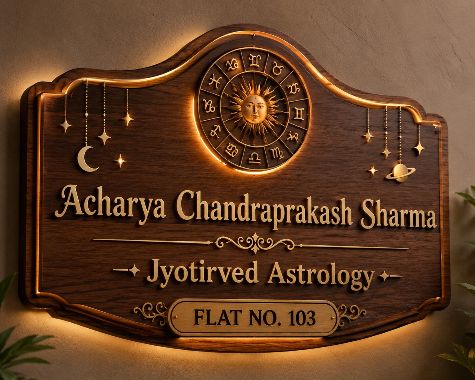 Acharya Chandraprakash Sharma, Jyotirved Astrology office nameplate